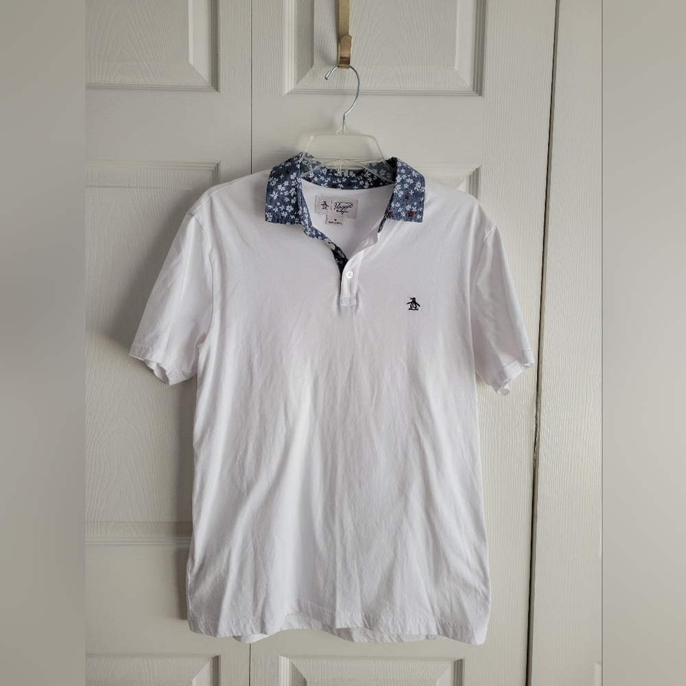 Original Penguin White Polo Shirt With Red White And Blue Floral Collar Size M